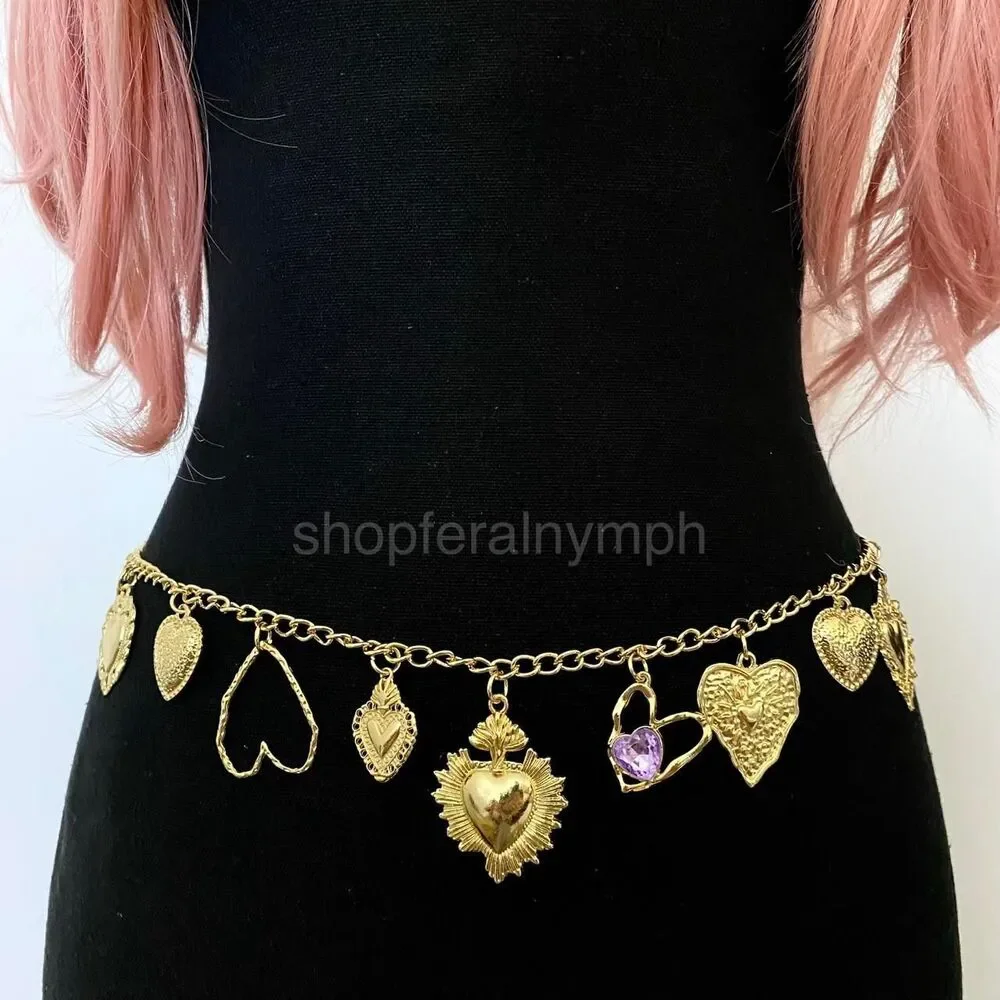Gold Y2K Sacred Heart Charm Waist Chain Belt, Fits 20 to 44 Inches, X7GA1320